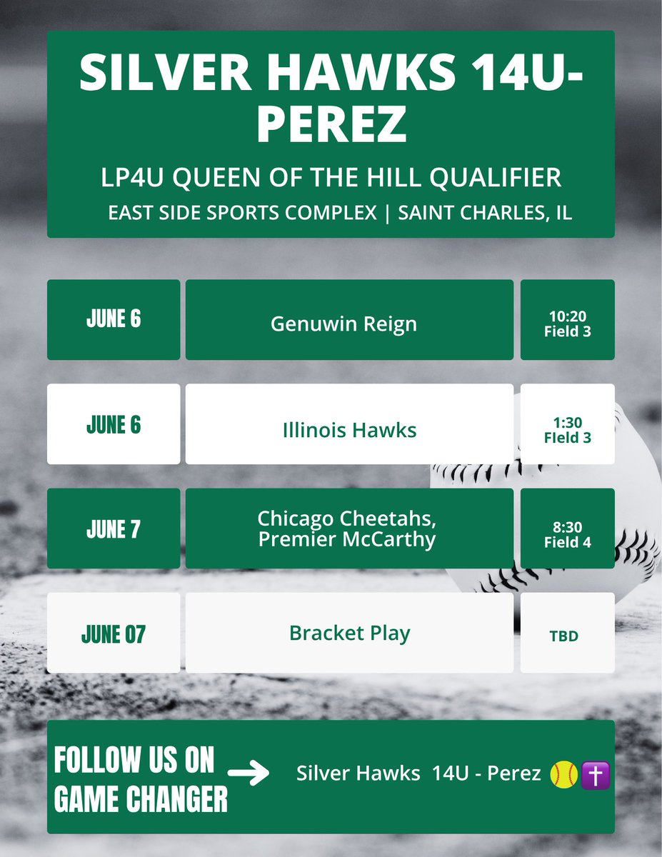 LightTheField's tweet photo. Catch the 14U Silver Hawks tomorrow in St. Charles! 💚🤍 @GlorifyHisGame @SilverHawkSball https://t.co/QLLOdf9duJ