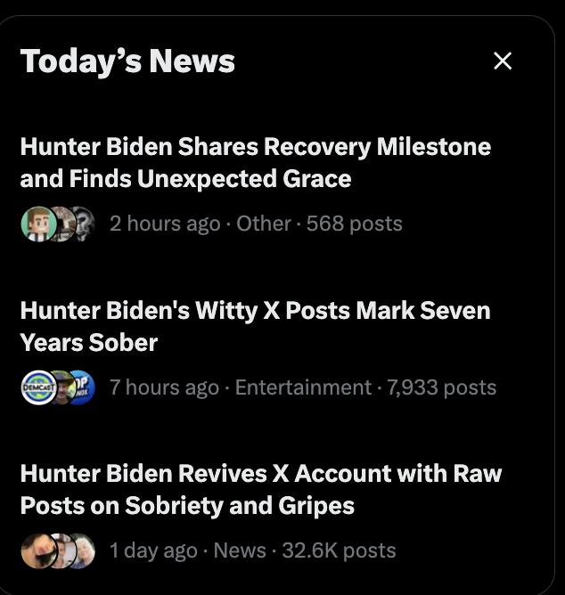 HunterFor2028's tweet photo. The "Today's News" tab is just 3 Hunter Biden stories for me, it'ls like something out of North Korea lolz https://t.co/cvoWvVF7B1