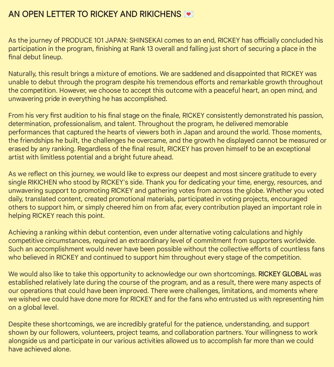 RICKEYGLOBAL's tweet photo. 💌 AN OPEN LETTER TO RICKEY AND RIKICHENS 💌
Just like what we said before the Finale starts yesterday,
we will accept it with brave heart and open mind✨💛
@RICKEICHENS
#RICKEY #リッキー
#PRODUCE101JAPAN新世界
#日プ新世界 #101SHINSEKAI
#RICKEYGLOBAL https://t.co/uS1LbOXeiJ