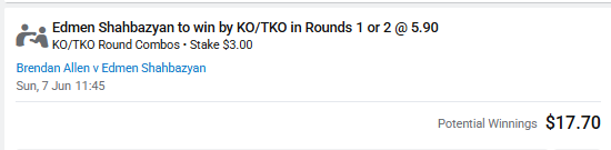 Slayer_Tip's tweet photo. Allen is likely to win this one by wrestling or grappling to either a decision or a submission, or he’s going to get overwhelmed early by Shahbazyans striking and power. Allen via Sub R3 (1/3) with an Alt Bet of Shahbazyan via KO R1 or 2 #UFCVegas118 https://t.co/8k9qbhY7Xs