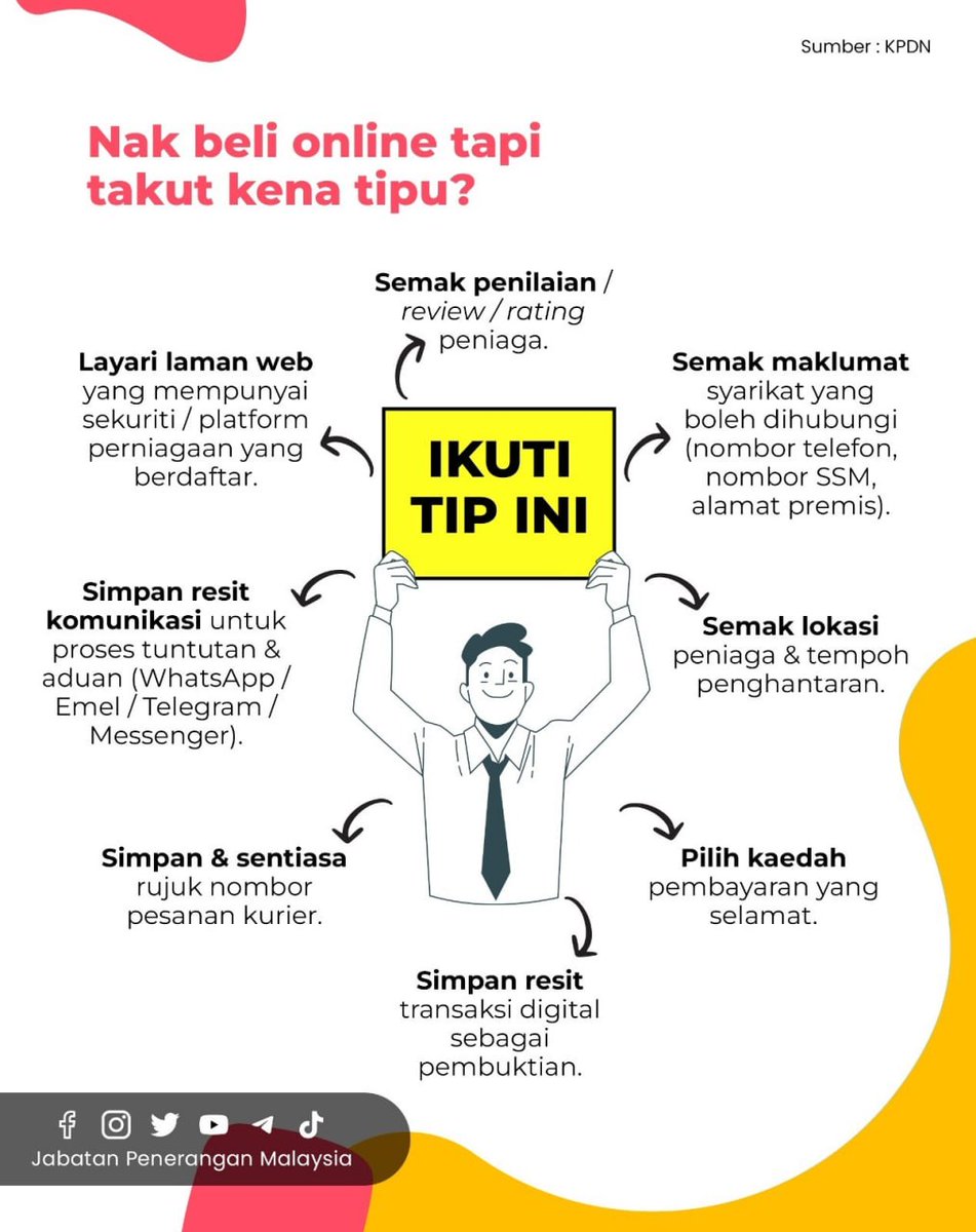 JPenerangan's tweet photo. Sebelum membeli barangan online, pastikan anda lebih berhati-hati 🛒

Ikuti tip yang betul bagi mengelakkan diri daripada menjadi mangsa penipuan 💡

#RancakkanMADANI
#MADANIBekerja
#TaatSetia
#JabatanPenerangan https://t.co/VP2eX5vZ6g