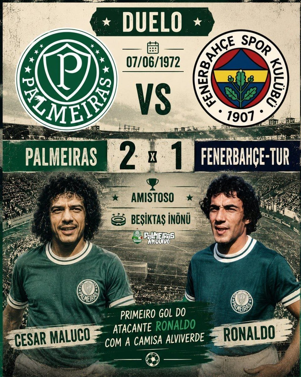palmeirasarquiv's tweet photo. 🗓 07/06/1972
🆚 Palmeiras 2x1 Fenerbahçe-TUR 
🏆 Amistoso
🏟 Beşiktaş İnönü
⚽️ Cesar Maluco e Ronaldo

Não temos imagens da partida

#AvantiPalestra #Palmeiras https://t.co/lyUGwfTwH3
