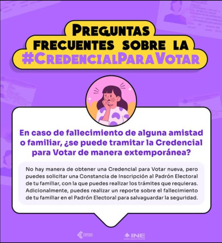 INE_Durango's tweet photo. En caso del fallecimiento de algún familiar no es posible tramitar una #CredencialParaVotar, pero puedes solicitar una Constancia de Inscripción al #PadrónElectoral. Conoce más https://t.co/eYggKpFoJO https://t.co/NY7GiYBpZ1
