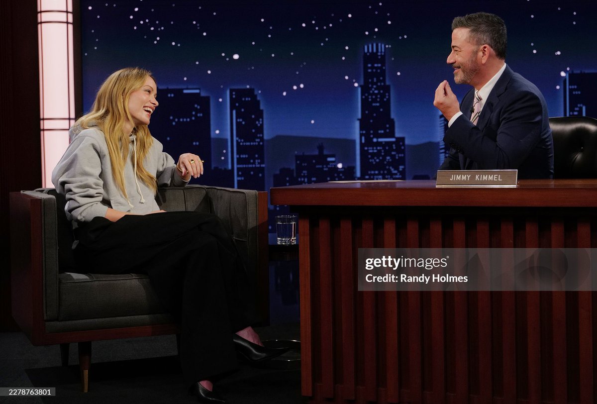 ArchiveWilde's tweet photo. Olivia Wilde during an interview with Jimmy Kimmel while appearing on Jimmy Kimmel Live to promote The Invite (June 1st 2026). https://t.co/vQz2oMEsN2