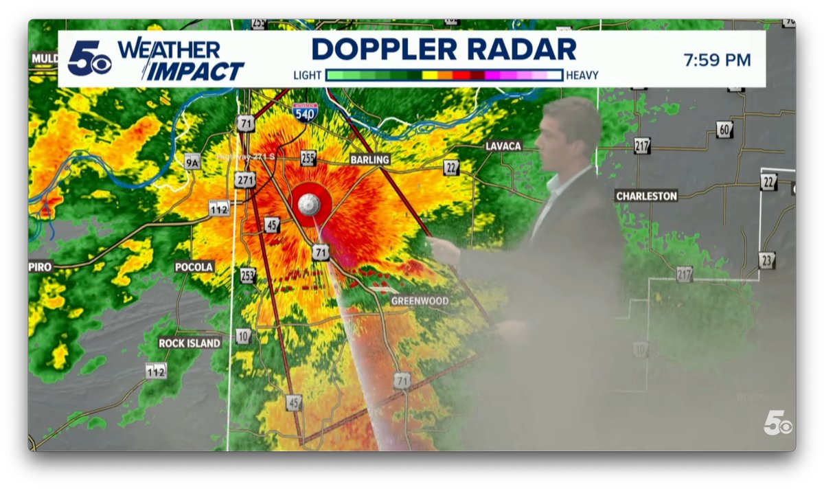 JoshChevalier7's tweet photo. Hats off to Meteorologist Noah Simmons at News5 in Fort Smith, Arkansas. A lamp caught on fire while he was covering multiple #tornado warnings in the area. 

Extreme professionalism here https://t.co/X0CRucGWaE