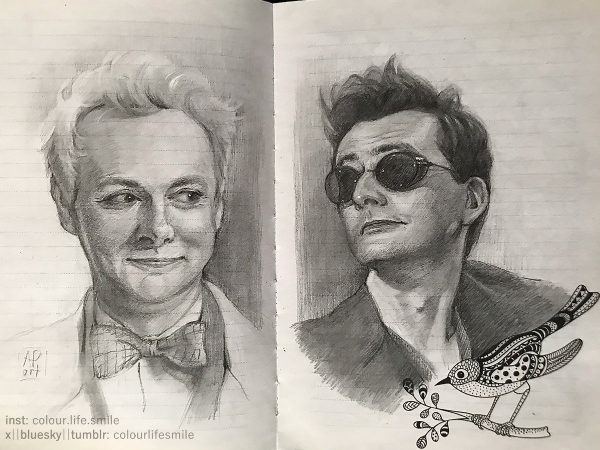 colourlifesmile's tweet photo. just saw this cute little nightingale in my notebook and then this happened  

#goodomens #goodomensfanart https://t.co/93r8AvQqH7