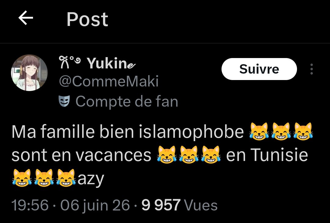 _LunarisUMBRA's tweet photo. "Je critique ma famille « islamophobe » qui va en Tunisie, mais je bloque la tunisienne qui m'en apprend sur son pays d'origine".

Des petites bourges qui bénéficient d'une laïcité à la française sans Christianisme envahissant, mais qui parlent de pays qu'elles ne connaissent pas pour défendre une idéologie obscurantiste et se faire passer pour "de gauche" sous prétexte qu'elle est exotique.

In fine, c'est le même type d'ignorance présente du côté de la droite identitaire. Tous ont une image du Maghreb - dont de la Tunisie - comme étant des Arabie Saoudite 2.0, à la différence que les uns ont pour réaction la haine raciale et la xénophobe, et les autres, le "racisme positif" à base de white saviorism.

Raté du coup. La Tunisie est autant critiquée par les pays voisins comme étant "déviante trop occidentalisée, dont les femmes sont des putes", autant enviée par certains qui auraient préféré y naître plutôt que dans leurs pays d'origine plus obscurantistes.