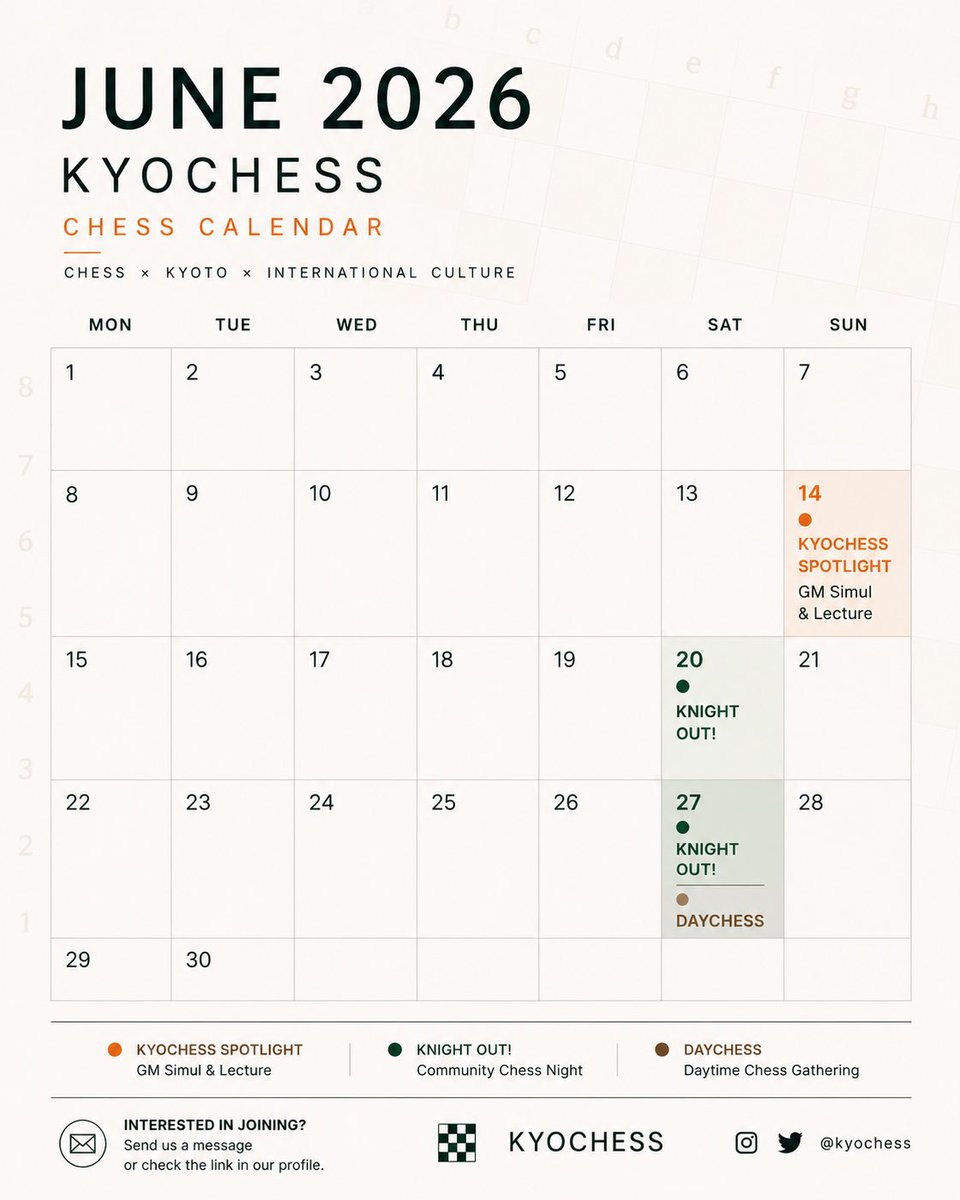 KYOChess's tweet photo. 【KYOCHESS 6月の予定】♟️
6/14　KYOCHESS Spotlight
6/20　KNIGHT OUT!
6/27　KNIGHT OUT! / DAYCHESS

チェスを通じて、人と出会い、
京都を楽しむ。

参加方法や詳細はお気軽にDMください📩 https://t.co/aEVFs8XsD1