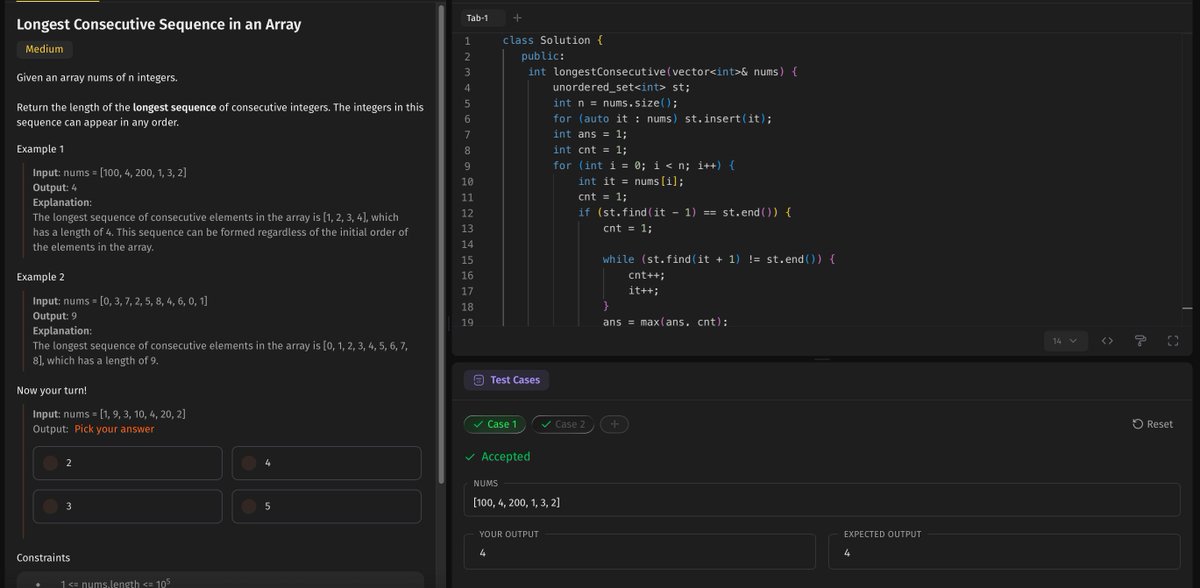 zainop23's tweet photo. Day 7 of #SDESheetChallenge @striver_79 @takeUforward_ 
Q1) 2Sum - Classic hashmap
Q2) 4Sum - 4 pointer approach, 2 pointers converge while 2 stay constant, similar to 3Sum. 
Q3) Longest Consecutive Sequence : Use set to count consecutive elements. https://t.co/ubwQXPrYcd
