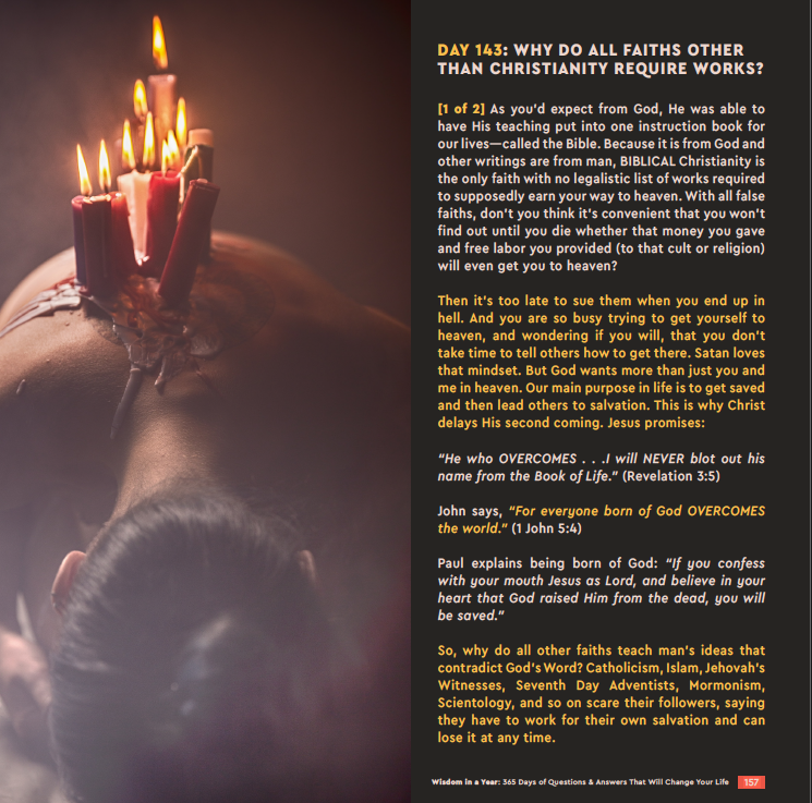 billycrone's tweet photo. WHY DO ALL FAITHS OTHER THAN CHRISTIANITY REQUIRE WORKS?

[1 of 2] Day 143 from "Wisdom in a Year: 365 Days of Questions and Answers That Will Change Your Life"

Find Pastor Billy's 400-Page, Full-Color Devotional in Softcover or Ebook at The Wise Reader https://t.co/eg9HuTVpcm

Graphics by Chris Taylor (https://t.co/tCMCs5hAoE)