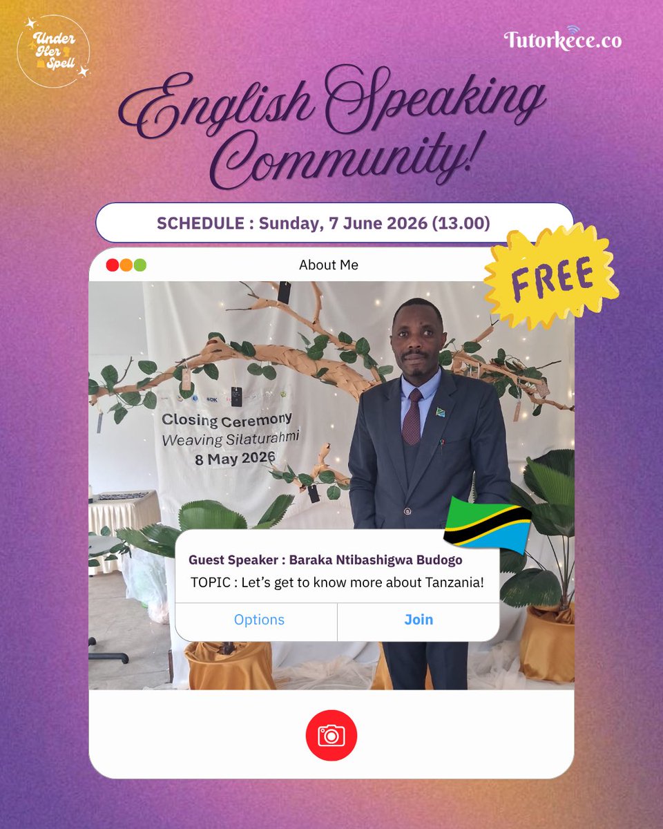 tutorkece's tweet photo. ENGLISH SPEAKING COMMUNITY : FREE FOR EVERYONE! 🥳✨
Latihan speaking english sambil belajar budaya baru bareng temen dari Tanzania yuk? 🇹🇿
MINGGU, 7 JUNI 2026 (13.00) by ZOOM MEETING!
Langsung scan barcode di bawah yaa ⬇️
Ajak temen kamu!
#studyacc #ambistwt #speaking https://t.co/OgEegjEF2l