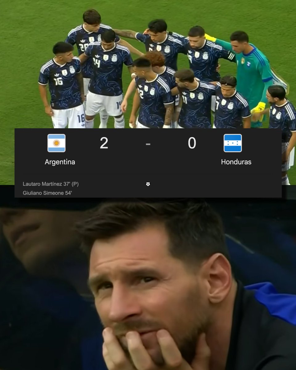 InvictosSomos's tweet photo. ¡¡ÚLTIMA HORA: ARGENTINA DERROTÓ A HONDURAS EN SU PREPARACIÓN RUMBO AL MUNDIAL 2026!!

RESULTADO. Argentina 2-0 Honduras. 

Sábado de triunfo argentino, señoras y señores. Gracias a los goles de Lautaro Martínez y Giuliano Simeone, los campeones del mundo derrotaron a Honduras en su penúltimo partido de preparación rumbo al Mundial 2026. Noche tranquila, sin ningún tipo de sobresalto. De hecho, los catrachos no fueron capaces de patear al arco de la Selección Argentina. 

Hoy el capitán Lionel Messi no vio actividad. Pensando en no forzar su regreso, el GOAT vio todo el partido desde el banquillo. Lo más probable es que vuelva a competir el próximo martes ante Islandia, que será el último ensayo antes del inicio de la justa mundialista. 

LOS VIGENTES CAMPEONES DEFENDERÁN SU TRONO.