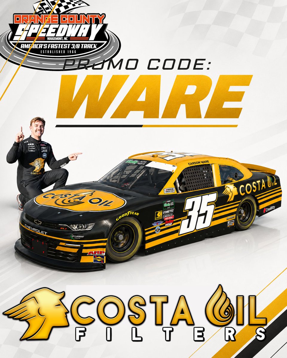 CostaOils's tweet photo. Celebrate @carsonreedware win at 
@OCS_Track with speed - use Promo Code: WARE 10% off all filters at https://t.co/G4ANlFXuor https://t.co/MN4A9OYY0p