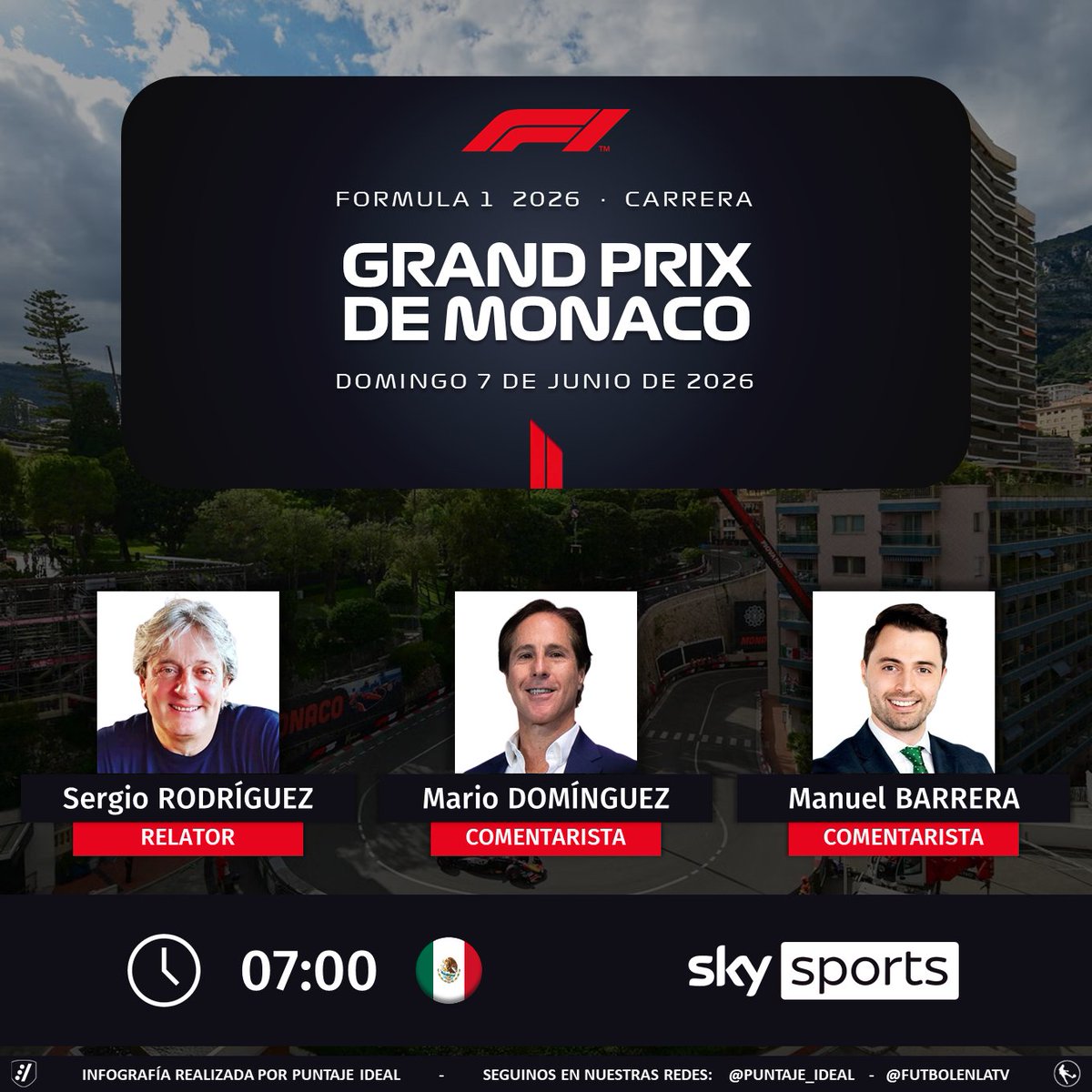 Puntaje_Ideal's tweet photo. 🏁 #F1 - #MonacoGP 🇲🇨 | Carrera
🎙️ Relator: @Chechousa
🎙️ Comentaristas: @SUPERMARIODOM - @ElManuBaquero
📺 @SKYSportsMX 🇲🇽 (canales 580/1580)
💻📱 @SKYSportsMX 🇲🇽 en Sky+ e Izzi TV
🤳 #F1enTelevisa - #LaF1CorreEnIzzi - #Sky - #Izzi
Dale RT 🔃 https://t.co/aQKNEJVPGV