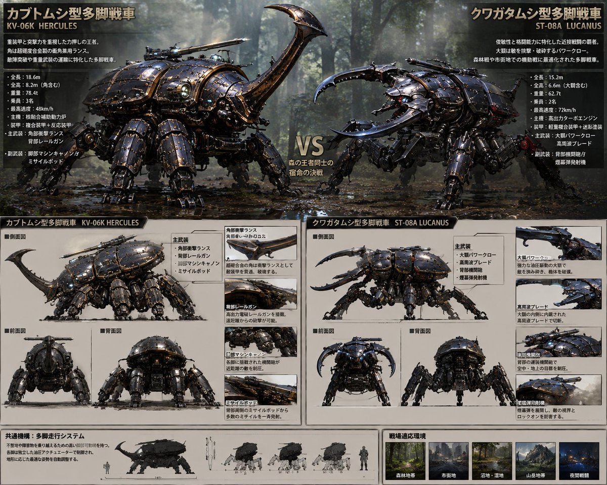 foremkirinagi's tweet photo. カブトムシVSクワガタムシ。
昆虫を擬機械化したため予想通り（？）多脚戦車になりました。
昔こんなゲームありましたね。虫キングとかいう。

#AIイラスト　#擬機械化　#クワガタムシ　#カブトムシ　#昆虫 https://t.co/EaVOrKhRXC