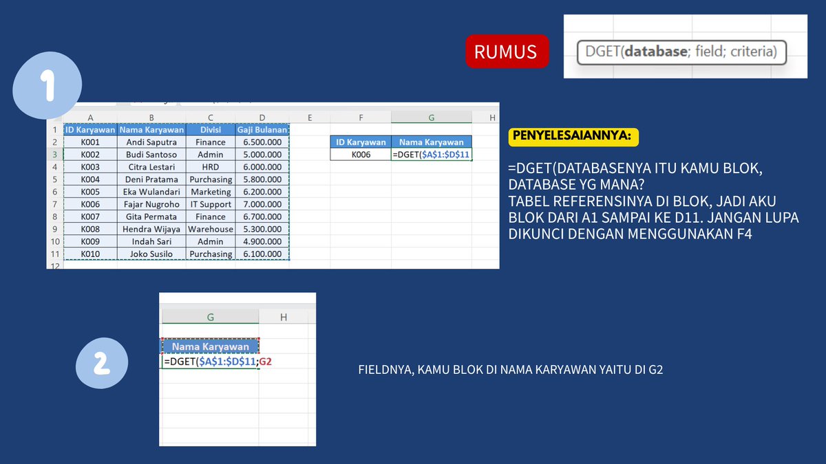 americanona02's tweet photo. VLOOKUP populer, tapi DGET sering diremehkan. Padahal DGET itu bisa mengambil data dari database berdasarkan kriteria tertentu dengan lebih spesifik.

Kalau kerjaanmu sering berhubungan dengan data karyawan, invoice, atau stok barang, rumus ini wajib masuk daftar yang harus dipelajari✨. Contohnya ada dibawah yaa, semoga bermanfaat 😍😍😍