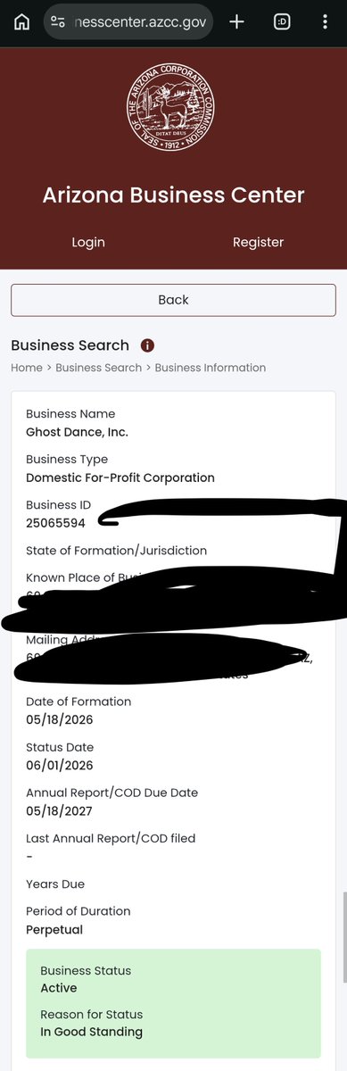 Dianexis's tweet photo. Ghost Dance LLC registered in Sage’s state. As a single member LLC. Meaning legally he cannot be removed from the corporate structure lmaooooo all this “he’s no longer associated” bullshit is literally just bullshit. He owns it all. Minus my trademarks. 🥰 https://t.co/lsiVY7GXxT