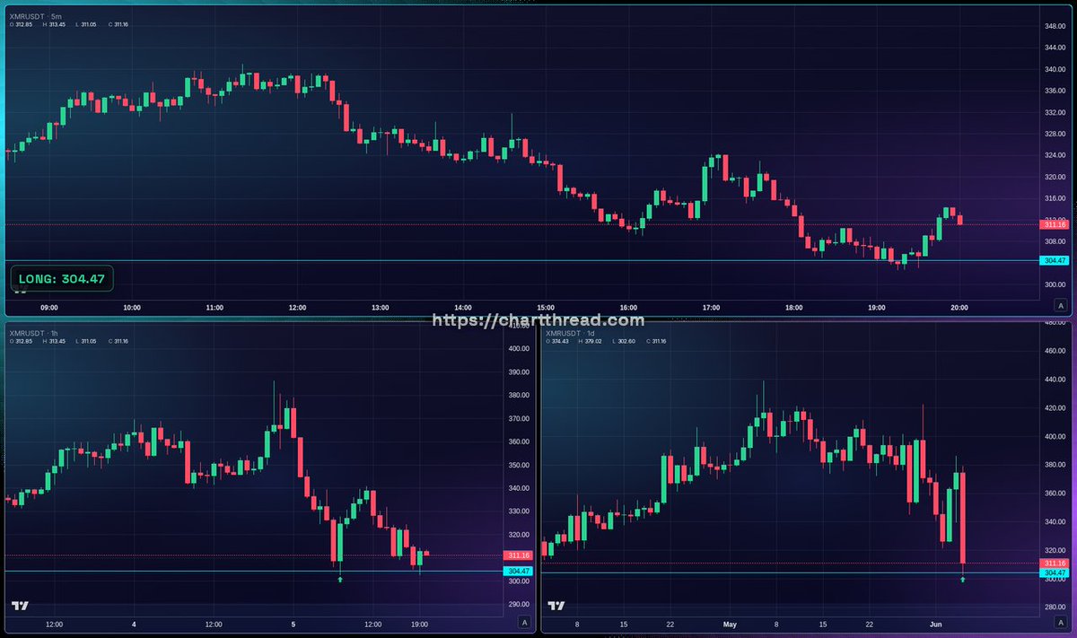 AlexeiPanin's tweet photo. Buyers held 304.47 on $XMR — sharp 1h wick, ran 1.56 ATR ⚡ Volatile instrument rejecting at a fresh level = institutional buy zone. Watching 337.61 as the hinge for the next leg. #XMRUSDT #SmartMoney https://t.co/lLfBzEqOIt
