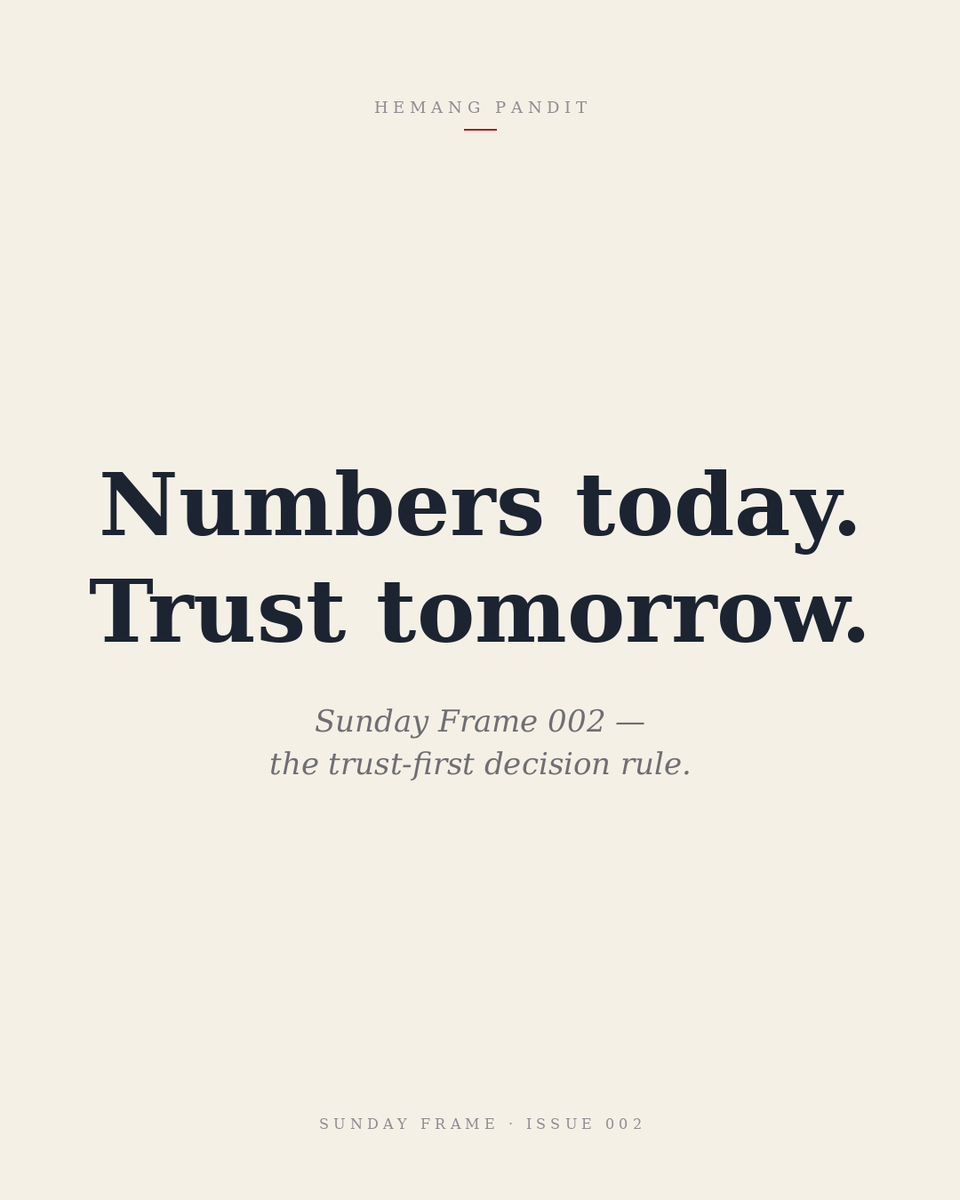 hem_pan's tweet photo. Sunday Frame 002: The trust-first decision rule.

When in doubt, choose the option that builds long-term trust over the option that drives short-term metrics.

Sounds obvious. Isn't.

Most operational decisions are a fork between these — and the metric fork is almost always more visible.

Full essay ↓