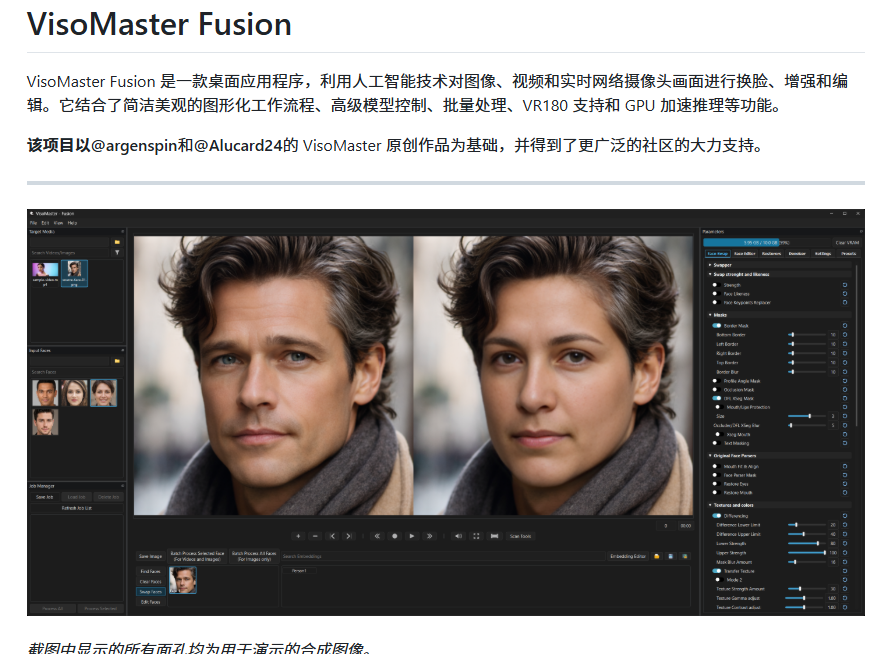 XAMTO_AI's tweet photo. 那些收月费的AI换脸工具可以彻底歇菜了——

🔗  https://t.co/nyAZC9Uwel

这个叫 VisoMaster-Fusion 的开源项目，直接把各种付费深假工具的老底给掀了。本地就能跑，不用上云、不用订阅、不用担心隐私泄露，图片/视频/直播摄像头全支持，多脸同时追踪、专业遮罩、画质修复、VR180全景一个都不少。

自带图形界面，普通人也能轻松上手。GitHub 上已经 626 颗星，热度还在猛涨。

直接白嫖它就好，别再给那些割韭菜的付费工具白交钱了。