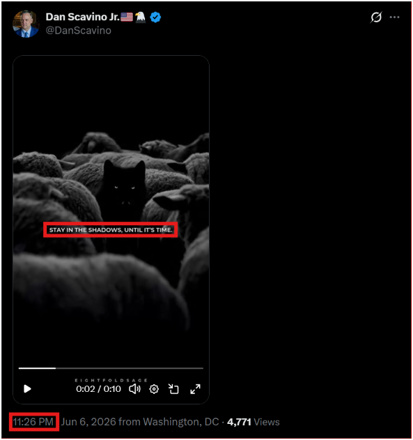 7thDean's tweet photo. 🚨Dan Scavino is sending a huge comm letting us know "TIME'S UP," "IT’S HAPPENING."😎🔥

Dan Scavino's post is a video of a black wolf hiding amongst a bunch of sheep labeled "STAY IN THE SHADOWS, UNTIL IT'S TIME" with the music playing in the background from the song "TIME'S UP" with a timestamp of 11:26 PM EST

Q 1126
    “FBI burning the midnight oil”👈🕯️🕵️
https://t.co/FvNRHX16lP
    What was just released to Nunes?
https://t.co/R84b6k1hK9
    Warning?
    Telegraph?

    IT’S HAPPENING.👈🔥🔥🥳
    Q

“A clean [H]ouse is very important.”👈🧹🏚️
Q

🚨🚨THE COMM: President Trump has "STAYED IN THE SHADOWS, UNTIL IT'S TIME," and "TIME'S UP!!"⏰🔥😎 

The “FBI is burning the midnight oil” and "IT'S HAPPENING.."

“A clean [H]ouse is very important.” And it's time to clean it up!

🚨This comm bears repeating because it is one of the biggest comms yet from Dan Scavino: President Trump has STAYED IN THE SHADOWS long enough, TIME'S UP, IT'S HAPPENING!!!!🔥🔥🔥🔥  

BQQQM!!!! 💥💥💥

Let's go!!!!👊🇺🇸🔥🥳🥳