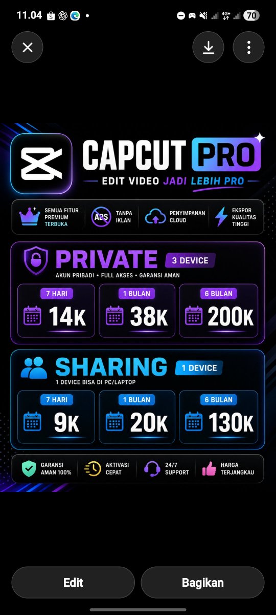 eclhda's tweet photo. WTS WTB CAPCUT PRO 

PRIVATE ( 3 DEVICE )
- 7 Hari 14K
- 1 Bulan 38K
- 6 Bulan 200k

SHARING ( 1 Device Bisa di PC/LAPTOP)
- 7 Hari 9k
- 1 Bulan 20k
- 6 Bulan 130K

WTS WTB CAPCUT PRO BULANAN HARIAN ORDER WA DI BIO https://t.co/fIk1ikfslB