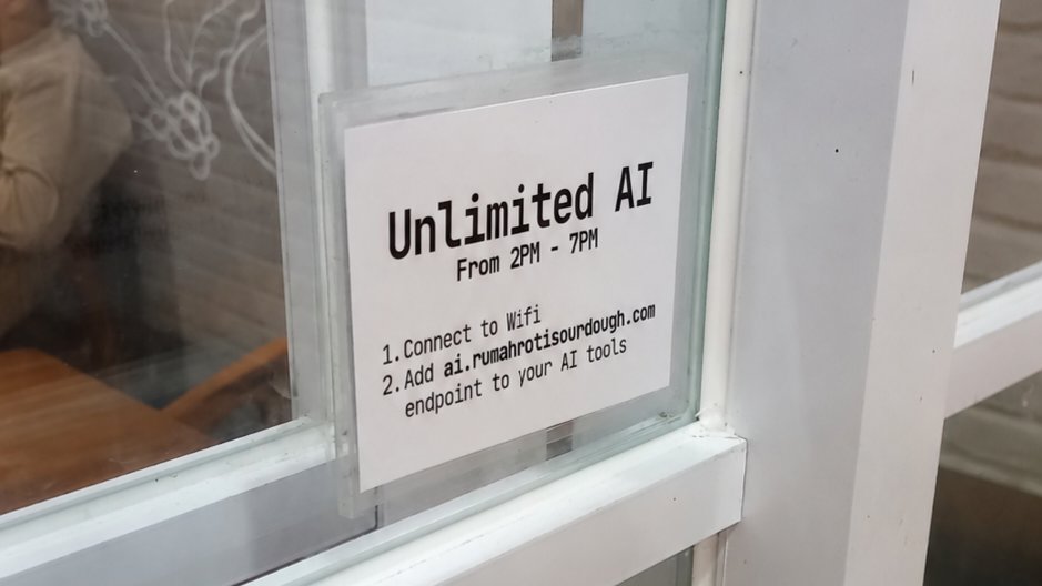 Nathan5aja's tweet photo. ❌️ Free Wifi aja
✅️ Free AI Unlimited hampir setara Gemini Pro &amp; Claude di Cafe

📍Rumah Roti Sourdough Bali

#ai #cafe #bali #sme https://t.co/ihGBFOUg92
