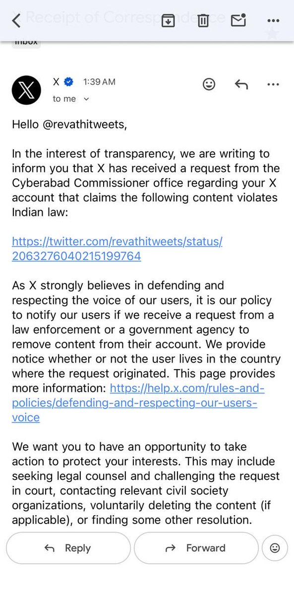 revathitweets's tweet photo. Received a take down notice from X. 

The Cyberabad Police took severe objections to me posting a video of a policemen who slapped a middle aged man during a drunk & drive test. 

I tweeted around 8:35pm, got this notice at 1:40am. 

Apparently! The son of the man who was slapped by the police raised a complaint for publishing the video without consent. FYI - this video is not a private video. 

In less than four hours of me posting, the family filed a complaint & police realised how harmful it is, decided to take action & wrote to X for taking it down. 

Wow! 
The Speed! 
Wow!!

Btw! Remember the POCSO accused and son of Union Minister X’s son Bandi Bageerath case? Immediately after the victim’s family filed a case - a slew of handles on all social media platforms (X, YouTube, Facebook, Instagram) put out private videos of the MINOR VICTIM, dehumanising her and slut-shaming her. Some of those videos are still in public domain. 
Whatever was taken down happened after at least a week, after shaming the victim to their masters’ contentment! 

Different cases, different priorities. A there are strict guidelines from the honourable Supreme Court of India against disclosing details of rape victims and even more stricter guidelines about POCSCO victims!

Also- if we have to take consent, 99percent of news cannot be published. 

Cyberabad/ Hyderabad/ Telangana police can instead use this time and energy to apologise for the overreach of their officer in duty & may be train them. 

If police want to handout instant punishments, we can shutdown judicial offices and courts!