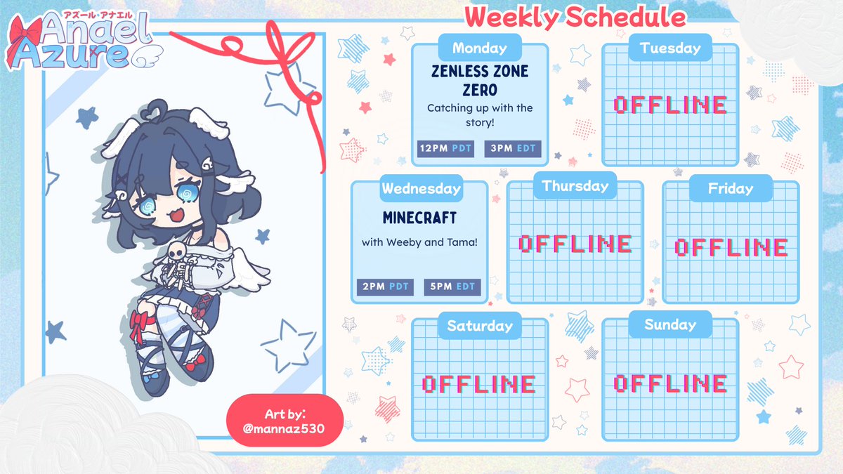 AzureAnael's tweet photo. ✧*̥˚ Schedule ┊ June 8th - 14th *̥˚✧

⚪️Zenless Zone Zero !
⚪️Minecraft w/ Weeby and Tama !
─── ⋆⋅☆⋅⋆ ──
#Vtuber https://t.co/6p3rRczcCP