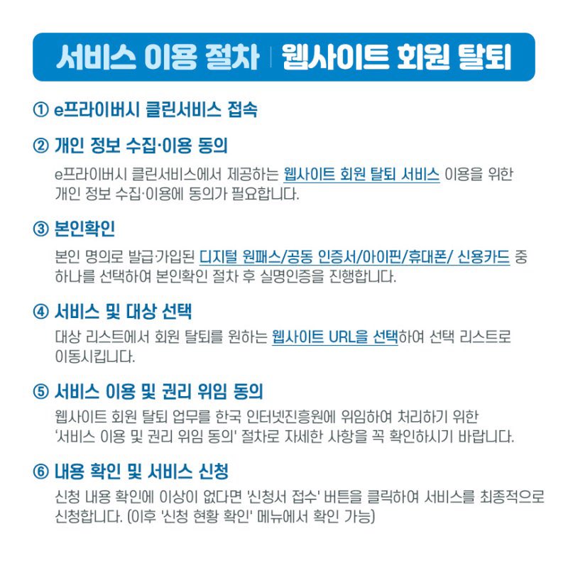water_me10n_'s tweet photo. 이거 한국인터넷진흥원에서 만든
>>e프라이버시 클린서비스<<
이용해서 안쓰는 사이트 일괄 탈퇴하세요 꼭꼮꼭
생각보다 n년전에 한번가입하고 아예 안쓰는 사이트들이 많아요… https://t.co/I9bnOeQoiD