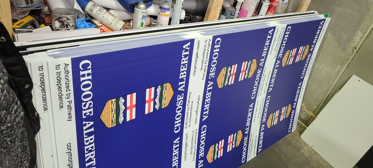 CoryBMorgan's tweet photo. Local Alberta company making these great signs as fast as they can since I swamped them with an order for 4,000 of them. https://t.co/4aIBRHZ48h