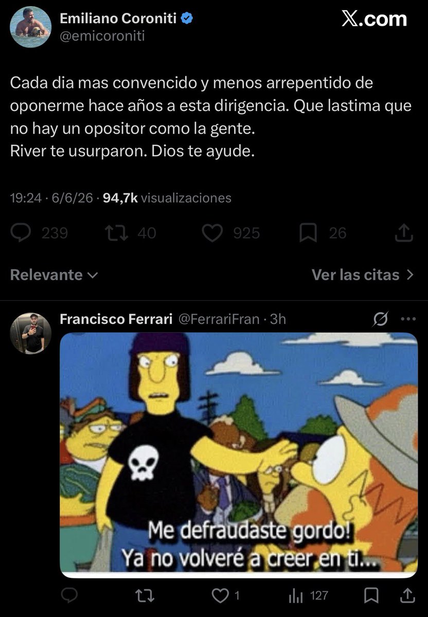 FerrariFran's tweet photo. Coroniti me bloqueó por esto. Totalmente vencido (él). https://t.co/J24gqiR1bK