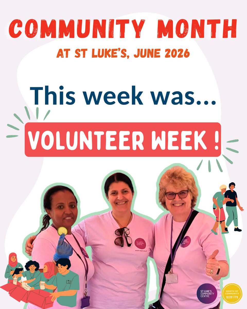 StLukesTrust's tweet photo. As we are celebrating #CommunityMonth here at St Luke's, here is our weekly recap!😁 We had our annual Over 55s Party with The Big Lunch, the amazing CMS Choir came and sang for us at our Lunch Club, and we held a party to say thank you to all our amazing volunteers.⭐#community https://t.co/7pYMFmQnt1