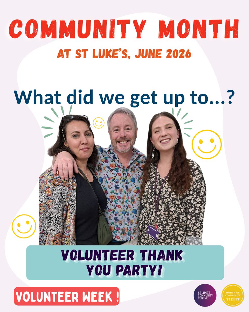 StLukesTrust's tweet photo. As we are celebrating #CommunityMonth here at St Luke's, here is our weekly recap!😁 We had our annual Over 55s Party with The Big Lunch, the amazing CMS Choir came and sang for us at our Lunch Club, and we held a party to say thank you to all our amazing volunteers.⭐#community https://t.co/7pYMFmQnt1