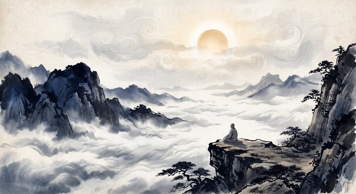 TYRunde's tweet photo. 「晨钟」

心如日轮常在虚空，光明自然不照而照。
 The mind is like the sun in open sky — its light shines without trying to shine.

你越想发光，越是遮住了光。

黄檗禅师一千二百年前说透了——真正的力量，不是努力照亮什么，是你本来就亮着。 https://t.co/SVxEDrOzTy