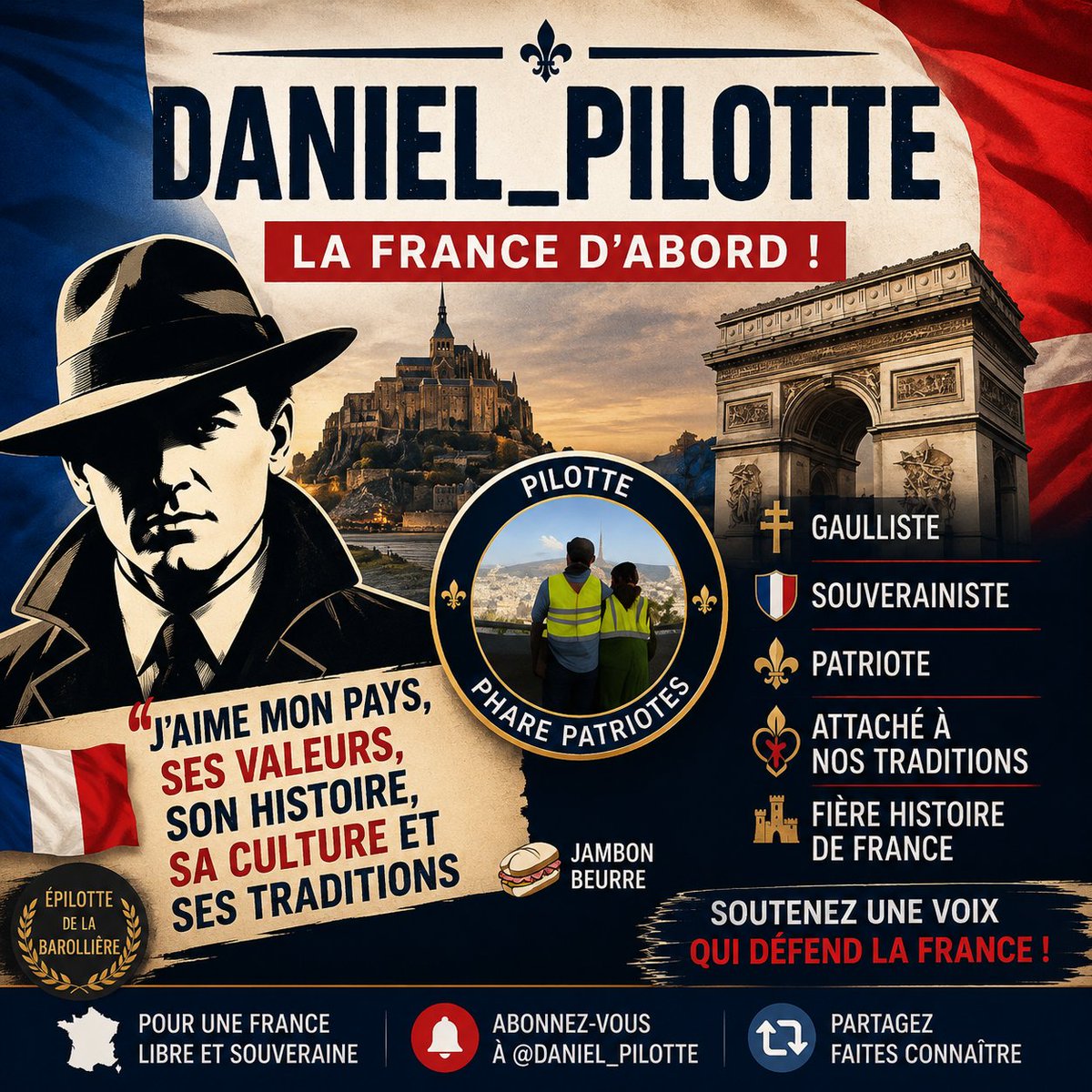mindedman1985's tweet photo. 🇫🇷 Aujourd'hui, coup de projecteur sur @daniel_pilotte !

Un profil patriote, gaulliste et souverainiste qui ne cache ni son amour de la France, ni son attachement à son histoire, sa culture et ses traditions.

Dans un réseau où beaucoup répètent les mêmes éléments de langage, il conserve sa propre ligne et défend ses idées avec conviction.

Si vous aimez les comptes qui parlent de France avant tout, allez lui donner de la force :

✅ Abonnez-vous à @daniel_pilotte
🔁 Partagez ce message
🇫🇷 Faisons grandir les voix patriotes sur X !