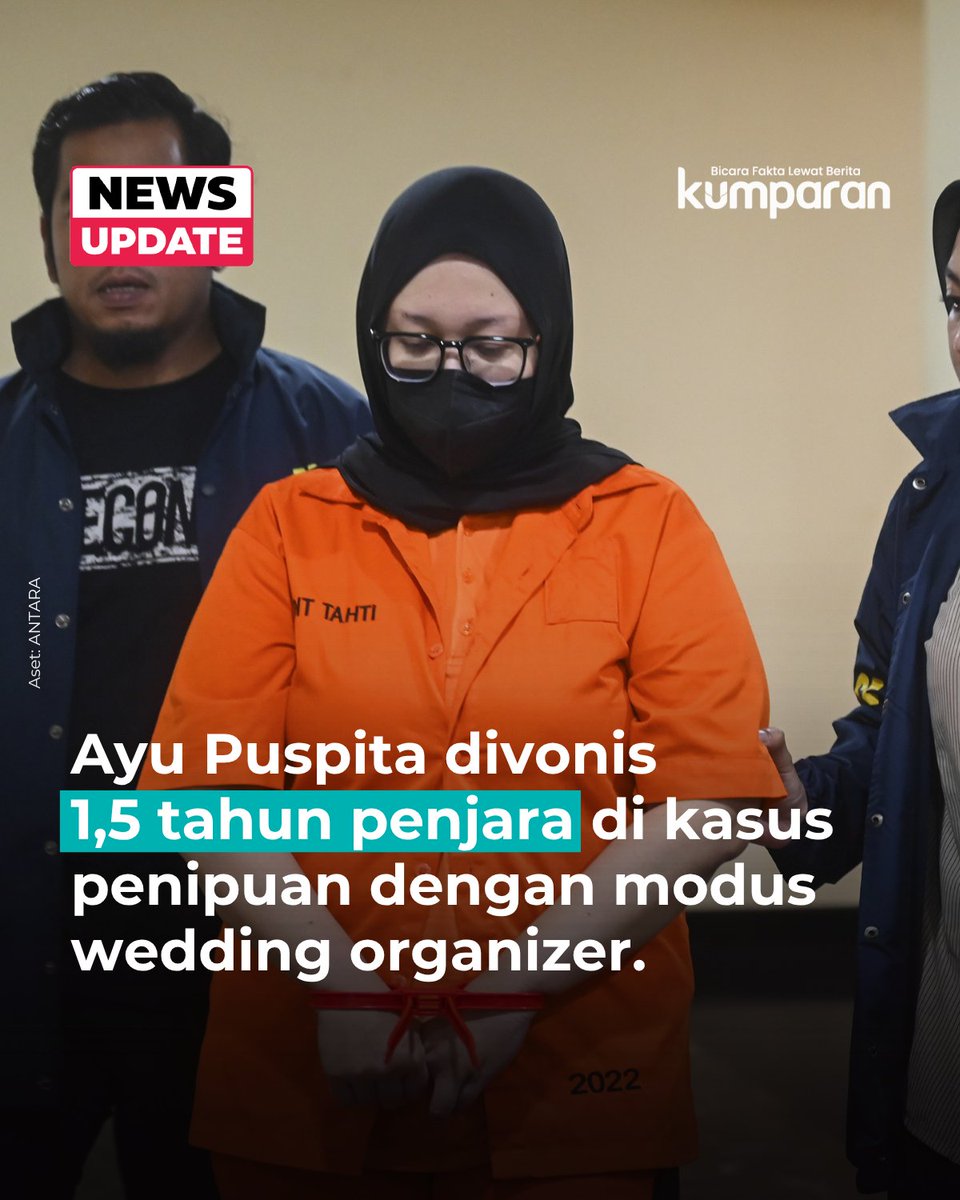kumparan's tweet photo. Pengadilan Negeri Jakarta Utara menjatuhkan vonis 1 tahun 6 bulan penjara kepada Ayu Puspita Dinanti, pemilik WO By Ayu Puspita Wedding, dalam kasus dugaan penipuan dan penggelapan berkedok wedding organizer.

Majelis hakim yang dipimpin Rudie menyatakan Ayu terbukti secara sah dan meyakinkan bersalah melakukan tindak pidana turut serta melakukan penggelapan bersama Dimas Haryo Puspo. Vonis tersebut lebih ringan dari tuntutan jaksa yang meminta hukuman 2 tahun penjara.

Dalam perkara ini, Ayu menawarkan paket pernikahan dengan berbagai promo dan bonus, seperti diskon besar, honeymoon ke Bali, wedding cake, photobooth, kambing guling, hingga mobil pengantin untuk menarik calon pelanggan.

Jaksa menyebut Ayu mengetahui harga promo yang ditawarkan tidak realistis. Uang dari pelanggan diduga digunakan untuk menutupi biaya acara sebelumnya serta kebutuhan pribadi, termasuk wisata ke Eropa, sewa mobil, dan biaya pengobatan orang tuanya.

Akibatnya, sejumlah pernikahan pelanggan tidak terlaksana sesuai perjanjian karena vendor belum dibayar, sementara berbagai fasilitas dan bonus yang dijanjikan juga tidak tersedia.

📸: Dok. ANTARA.

Baca selengkapnya dengan klik link di bio. Cari tahu berita update lainnya dengan download aplikasi kumparan di App Store atau Google Play.

📝: newsupdate | update | news | oneliner | R325 | E158 | E120
#bicarafaktalewatberita #kumparan