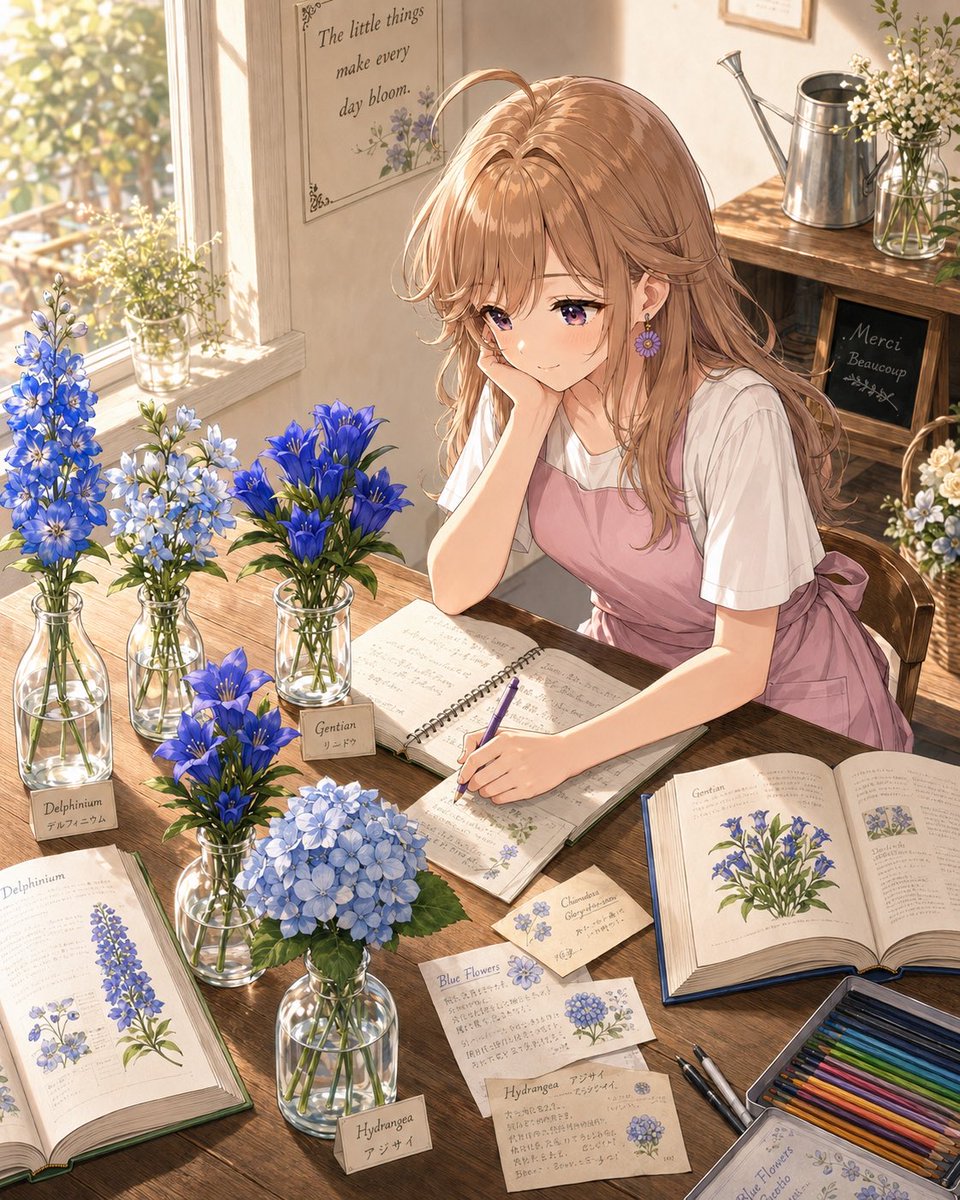 kakinotanep72's tweet photo. 💠花音の花だより 10｜花にまつわるエトセトラ
青い花は、なぜ少ない？

デルフィニウム、ブルースター、リンドウ、アジサイ。

花屋でも、青い花は少し特別な存在です。

赤やピンク、黄色の花に比べると、
自然界で「青く見える花」は意外と少ないと言われています。

花の色は、色素だけでなく、
花びらの中の性質や、光の見え方など、
いくつもの要素が重なって決まるもの。

また、花の色は
虫たちにどう見えるかとも関係しているそうです。

「青は虫に見えづらいから少ない」
という話を聞くこともありますが、
実は虫によって見える世界はさまざま。

ハチの仲間には、
青や紫、紫外線に敏感なものもいるそうです。

だから青い花は、
ただ珍しいだけじゃなく、
植物と虫たちの関係まで感じられる色なのかもしれません。

花束やアレンジに青い花が入ると、
空気がすっと澄んで、
少し涼しげに見えてくる。

今日は、そんな少し特別な
“青い花”のお話でした💠

#花音の花だより
#青い花
#AIイラスト