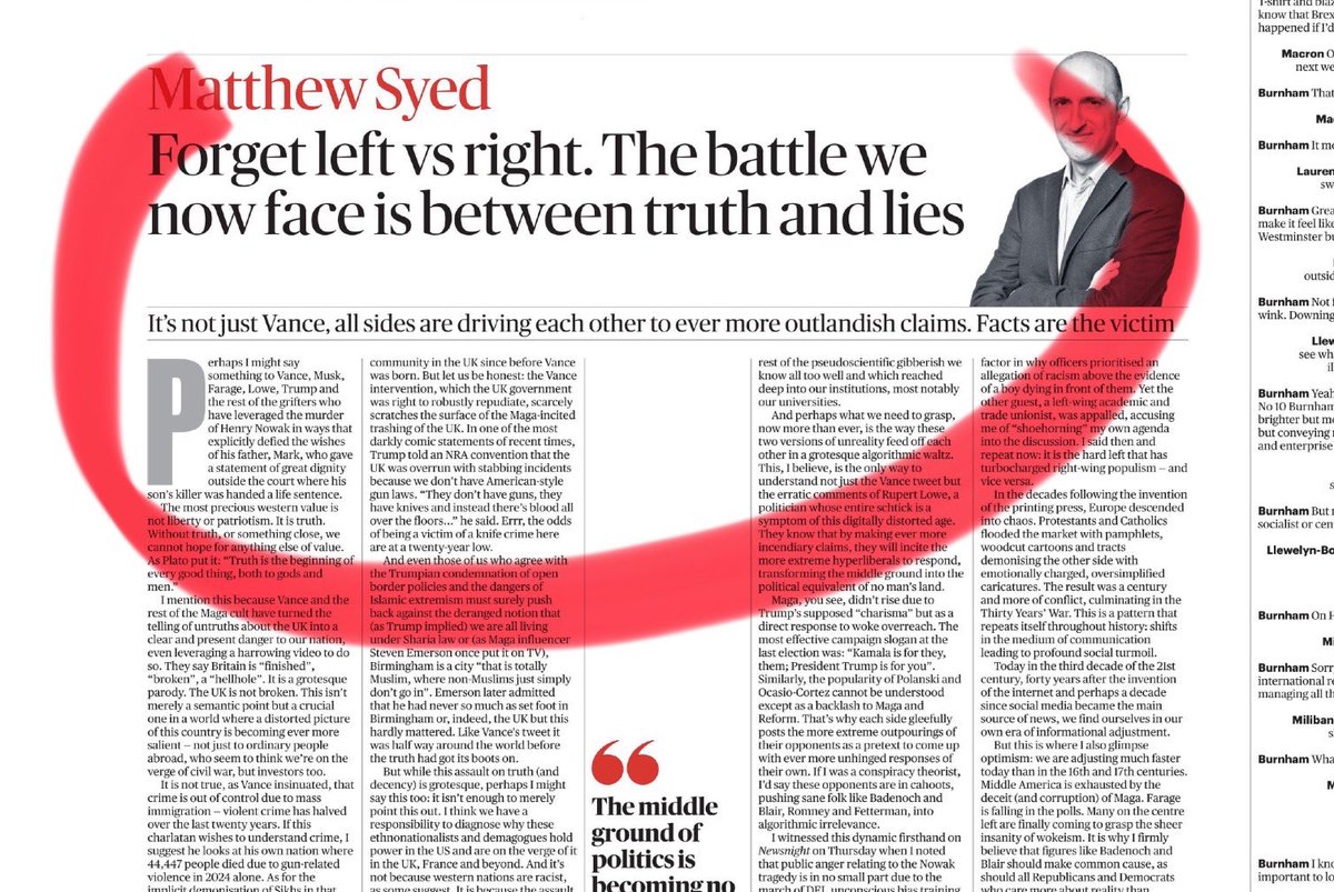 davidyelland's tweet photo. As so often find I agree with @matthewsyed - here arguing facts have been competed out of our politics - but dare I suggest what few ever say in media: the ‘print’ media and commentariat have often allowed fact-free news - or low fact news - to flourish…. on Brexit… on so much else… Musk has been able to find friends among the editors…and Vance…