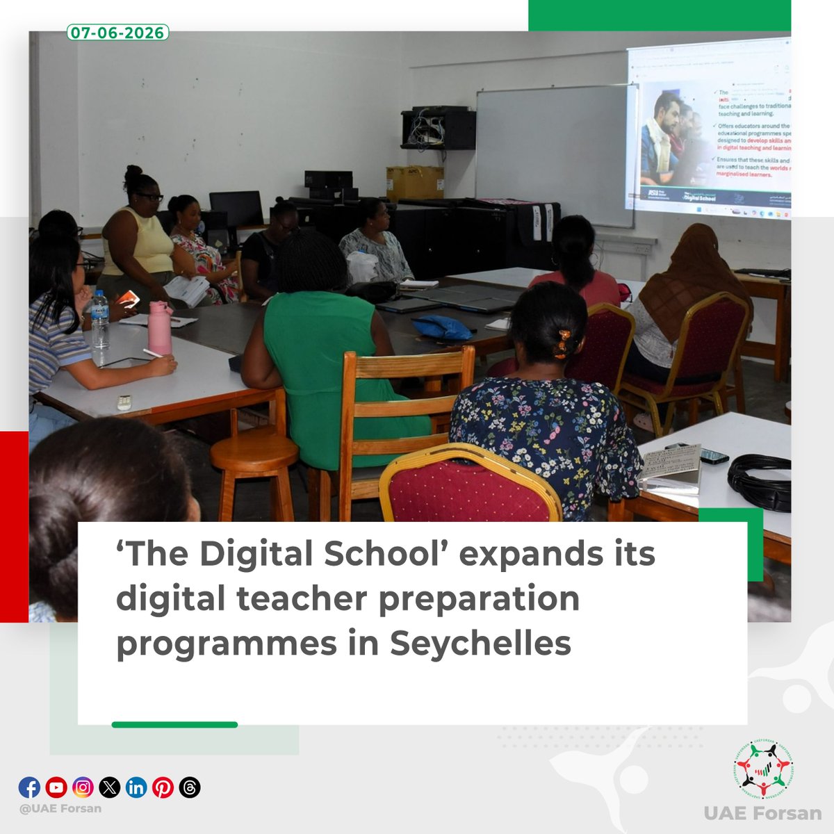 UAE_Forsan's tweet photo. The #DigitalSchool, one of the initiatives of the Mohammed bin Rashid Al Maktoum Global Initiatives, has launched a new phase of its Teacher Preparation Programme in #Seychelles, in collaboration with the #UAE Government Experience Exchange Programme office and the Ministry of Education and Human Resource Development of the Republic of Seychelles. This phase aims to build the digital education capabilities of approximately 100 teachers across 11 schools
@MBRInitiatives
@TDSforAll
@MOEUAEofficial
@UAEEmbVictoria