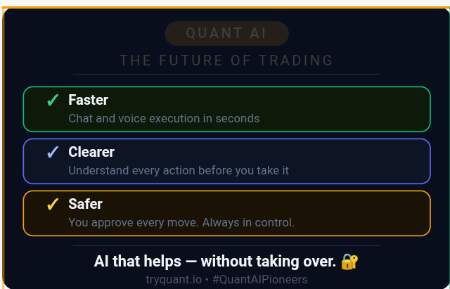 Ono_cryptt's tweet photo. The future of trading is not only faster.

It also has to be safer, clearer and user-controlled. That is exactly what @tryquantio is building.

AI that helps without taking over.

Don't just watch,be part of the journey: https://t.co/wGZkzT4Lqs

@tryquantio #QuantAIPioneers https://t.co/FuVxpBhn3V