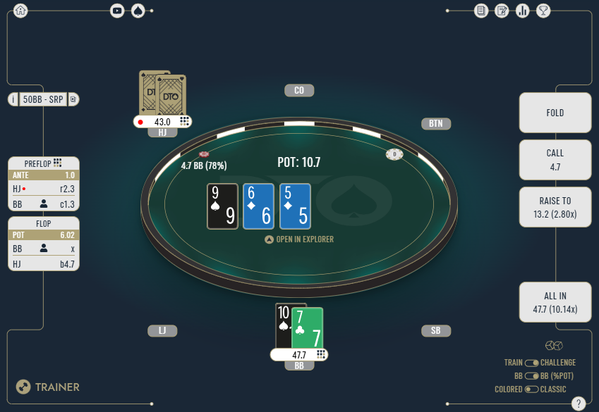 DTOPoker's tweet photo. 🫣Most poker players punt this spot without even realizing it 😳
▶️ 50bb SRP: HJ opens, we defend T7o.
Flop: 9♠ 6♦ 5♦. HJ cbets 4,7bb.
We’re OOP with a straight draw, but this spot is way less obvious than it looks.
⁉️ What’s the correct play here?