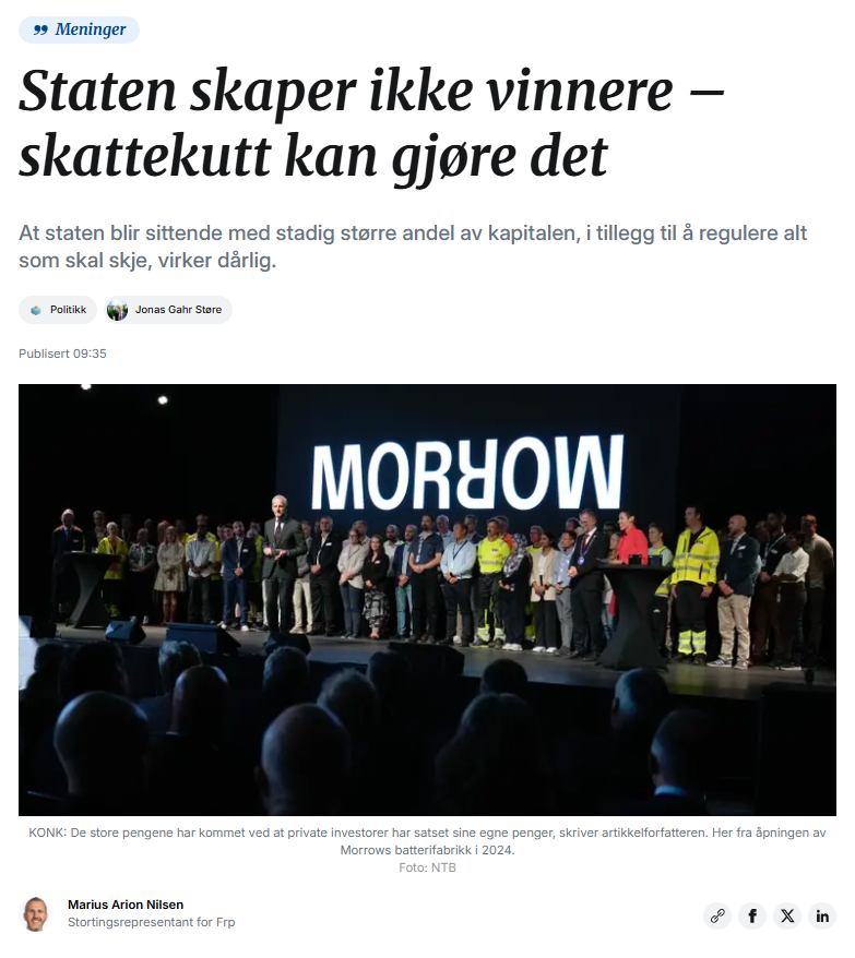 Anduril100's tweet photo. Fremskrittspartiets Marius Nilsen om den utbredte misforståelsen at norsk oljesektor (og prosessindustri) er et resultat av en statlig satsing. Den er den ikke. 

Morrow var imidlertid resultatet av en statlig satsing: regjeringens batteristrategi. 

@MARARNIL 1/ https://t.co/KyJR4bZxLp