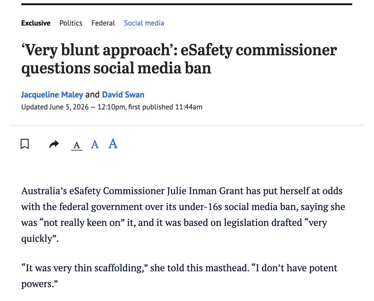 AffanJau's tweet photo. Nice to know Australia's eSafety Commissioner also think, the whole SM ban was a "Very Blunt approach". 
"A fence in the Ocean." :) https://t.co/h0Kmf49sVb