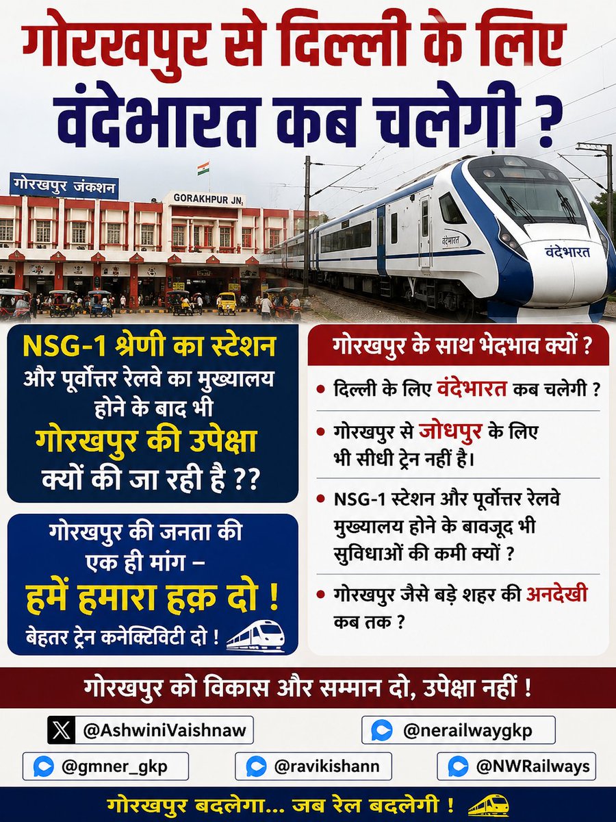 Gyanpra65318078's tweet photo. यहां बुलेट ट्रेन की बात हो रही है और अभी तक पूर्वोत्तर रेलवे के मुख्यालय गोरखपुर से दिल्ली तक एक भी राजधानी-वंदेभारत जैसी प्रीमियम ट्रेन ही नहीं चलाई गई ??

@RailMinIndia गोरखपुर रीजन को लेकर गंभीर क्यों नहीं है ??

@nerailwaygkp @AshwiniVaishnaw @ravikishann @gmner_gkp @drmljn https://t.co/SOfgCFVsGG
