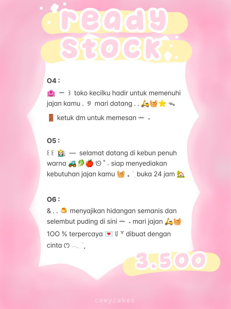 kedaicely's tweet photo. kindly to repost please . . ? thankiu Ი𐑼 🎀

˖ ୨ ˚ ׂ hemLo oll .. 🚘💭  cely datang membawa rs wording bio baru ! 🍮 free retext/moji or add symbols ꕀ  ˖   , prici on text ˖ׄ   ˚  by req juga bisa yaa 🎟️ mari jajan 🧺⭐

tags : #bealanja https://t.co/IF3081lNLj