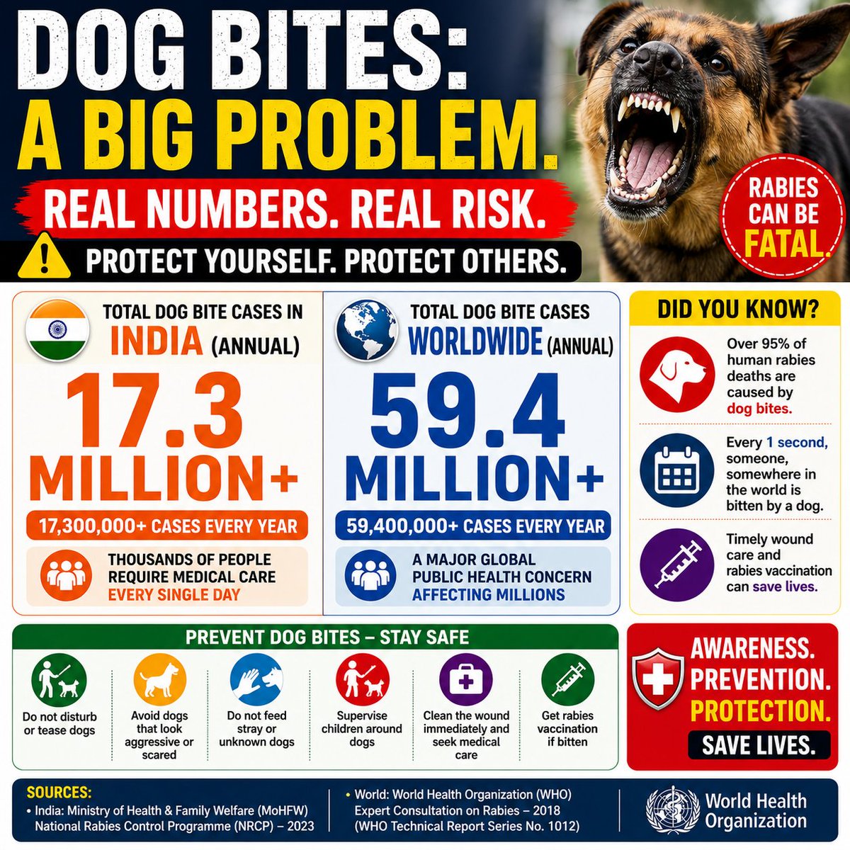 Herbalhealth05's tweet photo. Dog bites are a growing public health concern worldwide. 🐕⚠️
🇮🇳 India: 17.3 Million+ cases/year
🌍 World: 59.4 Million+ cases/year
Rabies from dog bites can be fatal — but timely vaccination and wound care save lives 🩺
#DogBite #Rabies #PublicHealth #StaySafe https://t.co/vp9cZh4URz