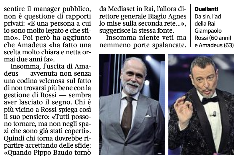 Cinguetterai's tweet photo. #Amadeus. Secondo il Corriere della Sera, fonti vicine all'AD Rai Giampolo Rossi aggiungono: «Tutti possono tornare, ma non negli spazi che sono già stati coperti. Quando Pippo Baudo tornò da Mediaset in Rai, ripartì dalla seconda rete».
Niente veti, ma nemmeno porte spalancate. https://t.co/Cyp2X6gyEu