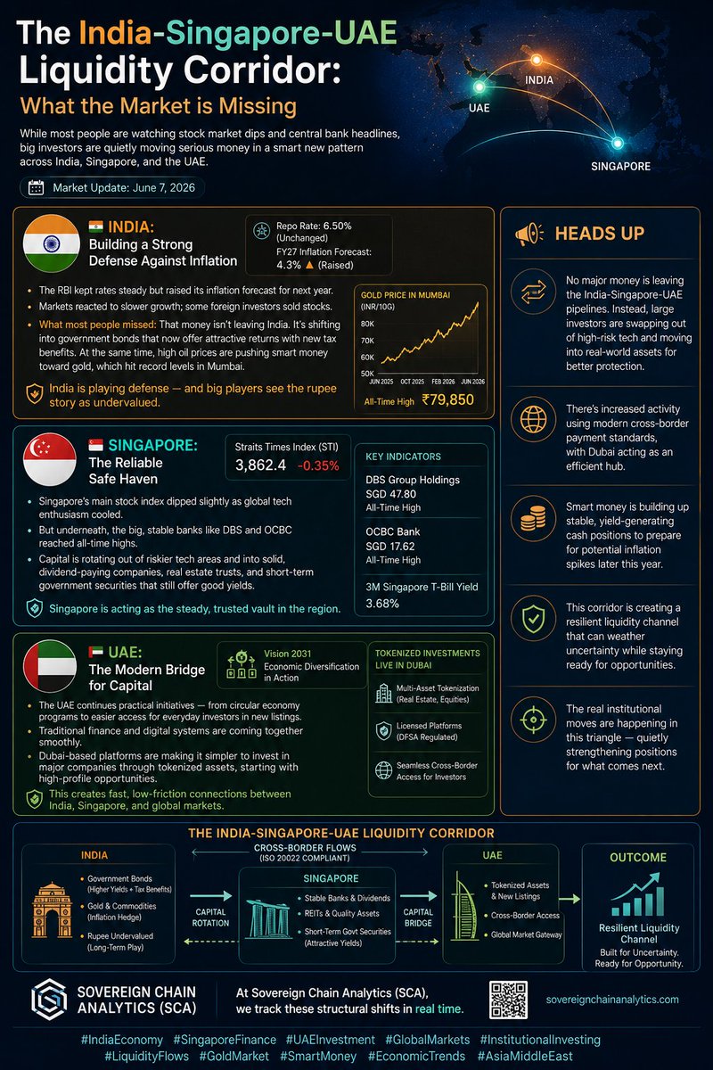 SimpleCryptoAna's tweet photo. The India-Singapore-UAE Liquidity Corridor: What the Market is Missing

While most people are watching stock market dips and central bank headlines, big investors are quietly moving serious money in a smart new pattern across India, Singapore, and the UAE.
This isn't money running away from Asia and the Middle East. It's being carefully redirected into safer, higher-yield opportunities that can handle today's energy costs and global tensions. Here's what's really happening as of June 7, 2026:

🇮🇳 India: Building a Strong Defense Against Inflation
The Reserve Bank of India kept its key interest rate steady but raised its inflation forecast for next year. Markets reacted nervously to slower growth numbers, and some foreign investors sold stocks.
What most people missed: That money isn't leaving India. It's shifting into government bonds that now offer attractive returns with new tax benefits. At the same time, high oil prices are pushing smart money toward gold, which hit record levels in Mumbai.
India is playing defense — and big players see the rupee story as undervalued.

🇸🇬 Singapore: The Reliable Safe Haven
Singapore’s main stock index dipped slightly as global tech enthusiasm cooled. But something else was happening underneath: the big, stable banks like DBS and OCBC reached all-time highs.
Why? Capital is rotating out of riskier tech areas and into solid, dividend-paying companies, real estate trusts, and short-term government securities that still offer good yields. Singapore is acting as the steady, trusted vault in the region.

🇦🇪 UAE: The Modern Bridge for Capital
The UAE continues to push forward with practical initiatives — from circular economy programs to easier access for everyday investors in new listings.
The bigger story: Traditional finance and digital systems are coming together smoothly. Dubai-based platforms are making it simpler for people to invest in major companies through tokenized assets, starting with high-profile opportunities. This creates fast, low-friction connections between India, Singapore, and global markets.

Heads UP
No major money is leaving the India-Singapore-UAE pipelines. Instead, large investors are swapping out of high risk tech and moving into real-world assets for better protection.
There’s increased activity using modern cross-border payment standards, with Dubai acting as an efficient hub.
Smart money is building up stable, yield-generating cash positions to prepare for potential inflation spikes later this year.
This corridor is creating a resilient liquidity channel that can weather uncertainty while staying ready for opportunities.
The real institutional moves are happening in this triangle quietly strengthening positions for what comes next.

At Sovereign Chain Analytics (SCA), we track these structural shifts in real time.

#IndiaEconomy #SingaporeFinance #UAEInvestment #GlobalMarkets #InstitutionalInvesting #LiquidityFlows #GoldMarket #SmartMoney #EconomicTrends #AsiaMiddleEast