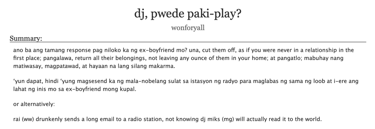 onefouryalllogs's tweet photo. 📑dj, pwede paki-play?
🔖 chapter 1/3
🟡rated t 
🏷️dj!mg, writer!ww, attempt at romcom, fluff, strangers to friends to lovers 
🔗https://t.co/isQjnDPdvl https://t.co/tZJOysFerm